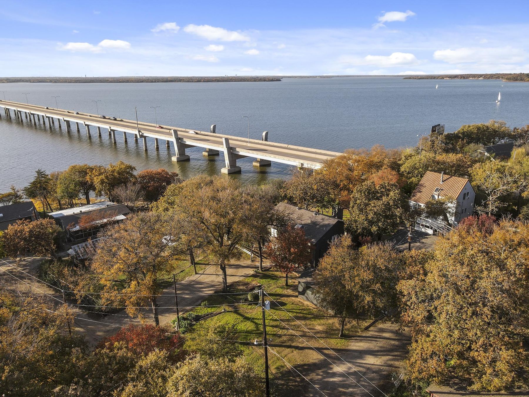 Aerial view of the lake and bridge