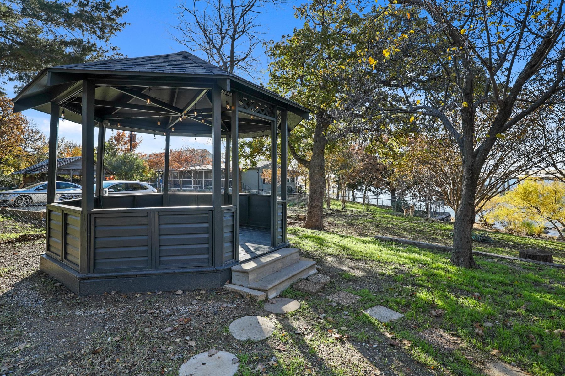 Lakefront gazebo at dusk